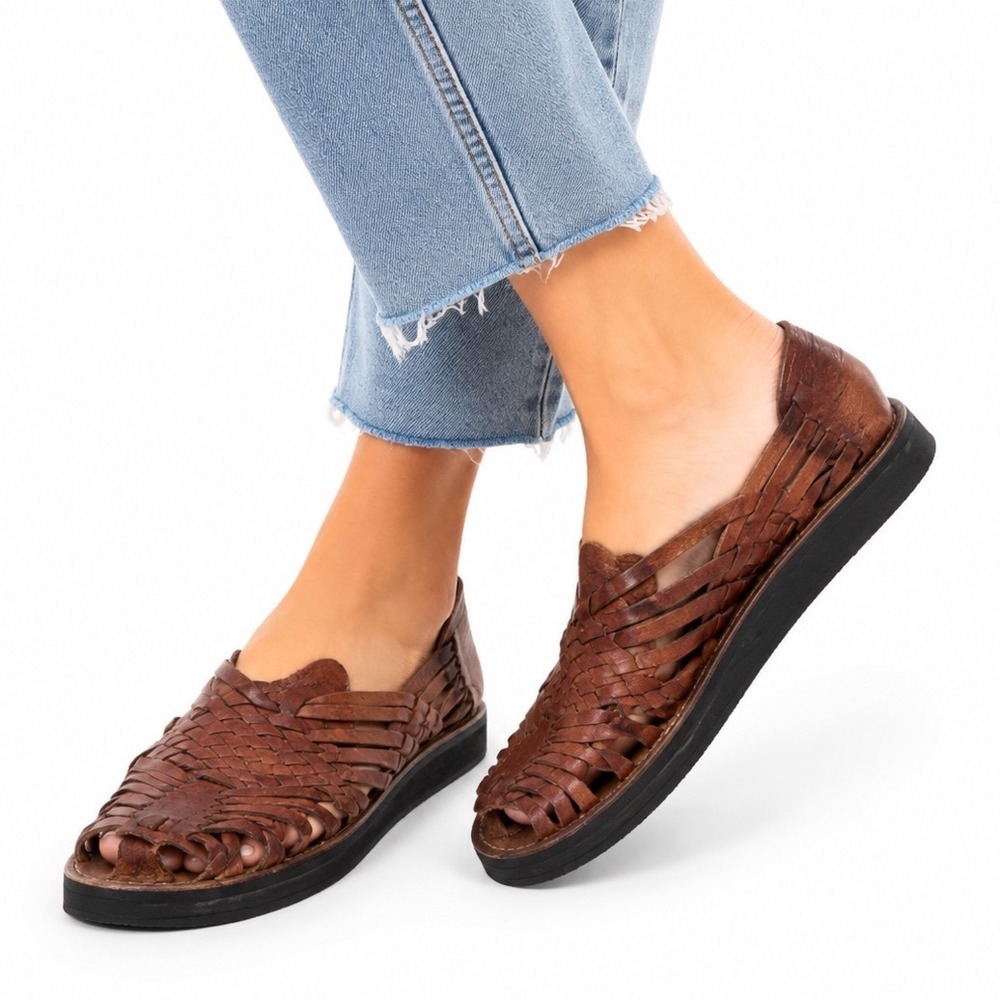 Vintage Brown Woven Leather Huarache Sandals Women's Size 8-8.5